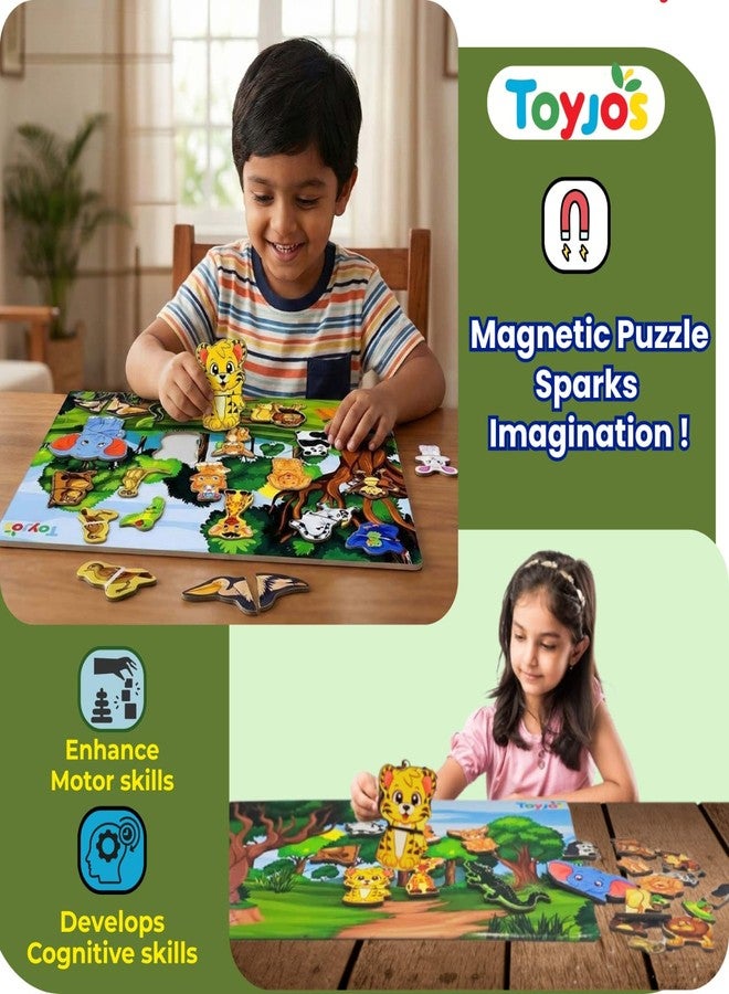 TOYJOS Wooden Magnetic Wild Animal Puzzle for Kids | 50+ Pieces Strong Magnetic Jigsaw with Wooden Board | Educational Learning Toy for Boys-Girls (Multicolor, Ages 2-7 Years) - Image 4